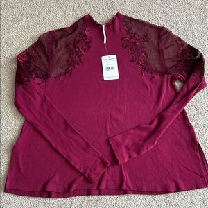Free People Deep Red Long Sleeve Top with Sheer Lace
